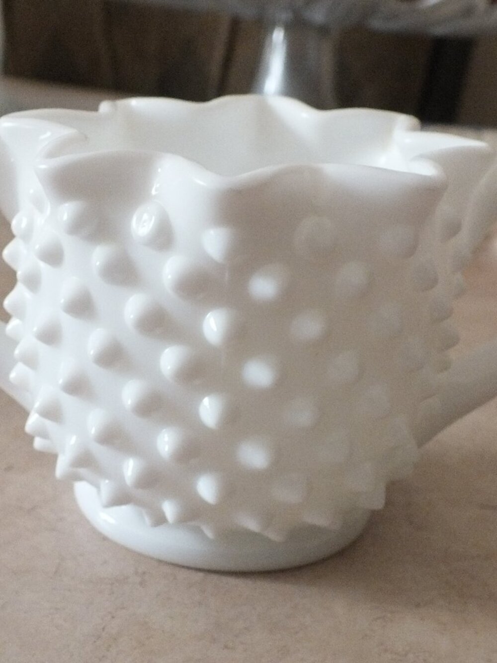 Fenton Hobnail Milk Glass Sugar Bowl with Star Shaped Rims and Hobnail Pattern